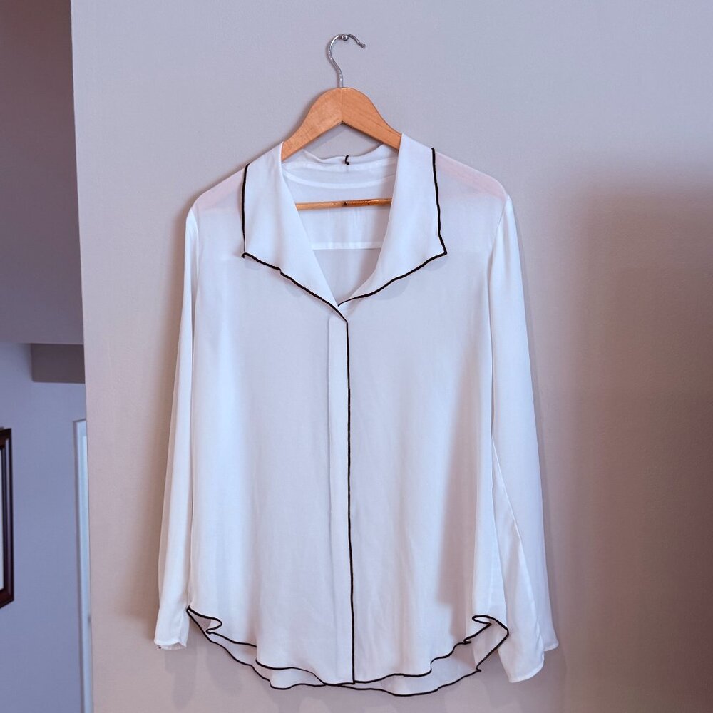 White Long-Sleeve Blouse with Black Piping